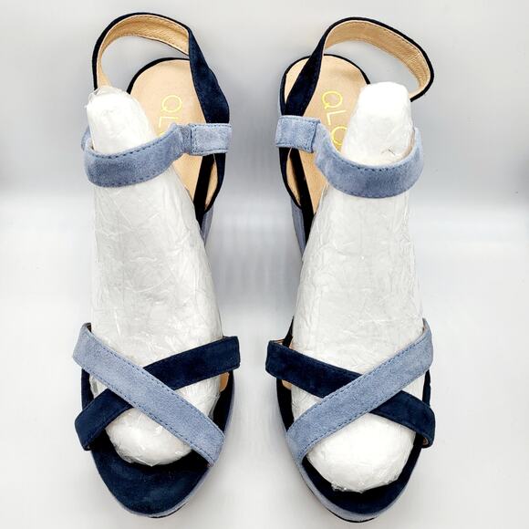 NWOT QLoxe Navy & Light Blue Colorblock Strappy Wedge Sandals Women's Size 8.5 - Picture 3 of 12